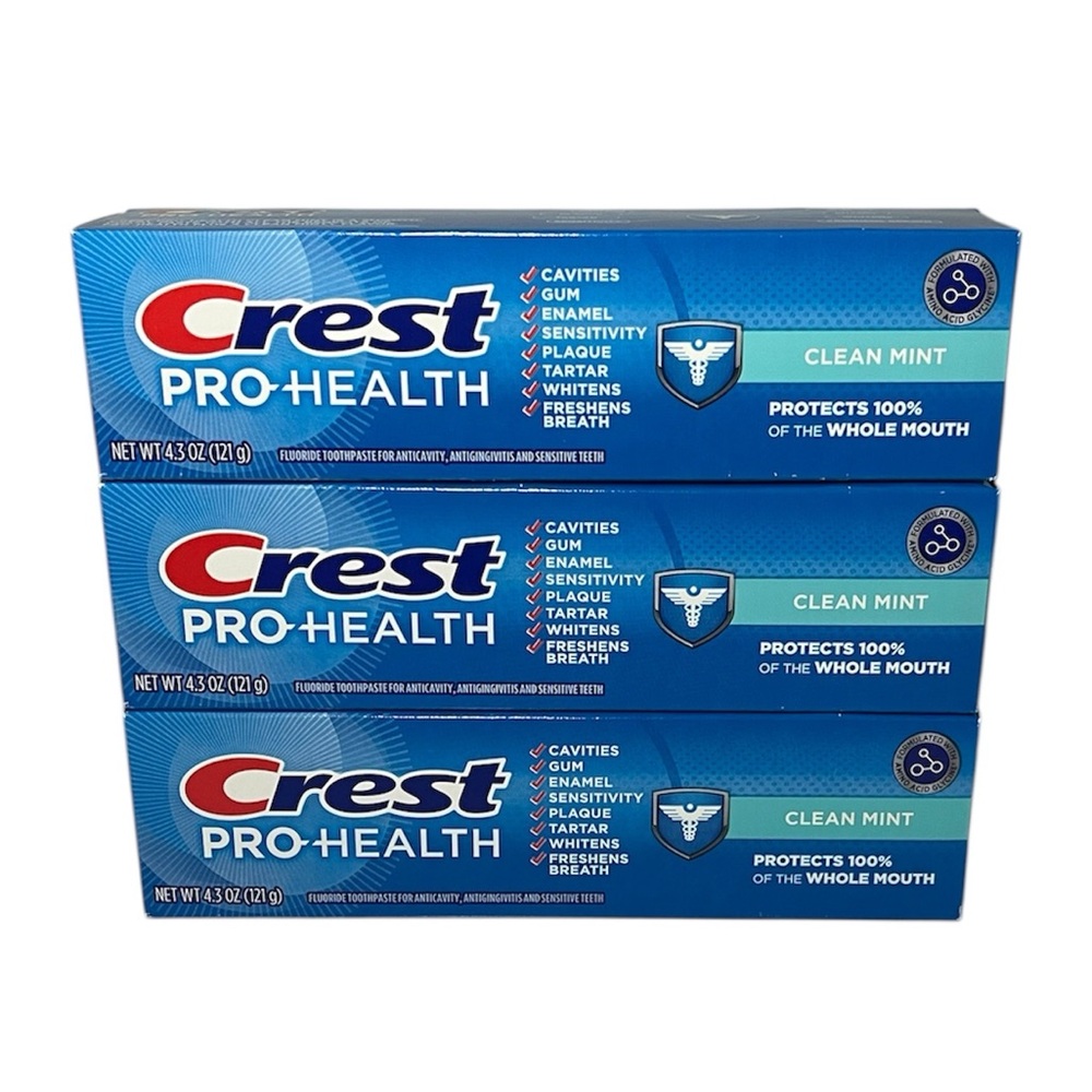 3 Pack Crest Pro-Health Fluoride Toothpaste, Clean Mint 4.3 Oz, Exp: 12/2027